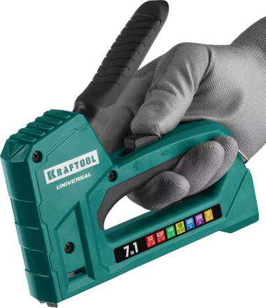 Степлер для скоб &quot;Universal&quot; 7-в-1: 53(6-14 мм)/53F(10-14 мм)/140 (10-14 мм)/13 (6-14 мм)/36 (10-14 мм)/300(16 мм)/500(16 мм), суперлегкий, KRAFTOOL 31524 купить в Ижевске