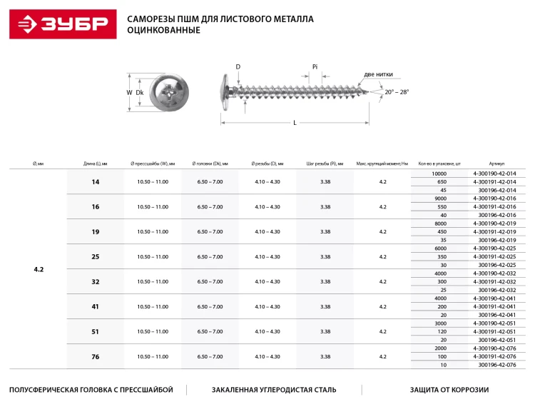 Саморезы ЗУБР с прессшайбой по листовому металлу до 0,9 мм, PH2, 4,2х76 мм, 100шт 4-300191-42-076 купить в Ижевске