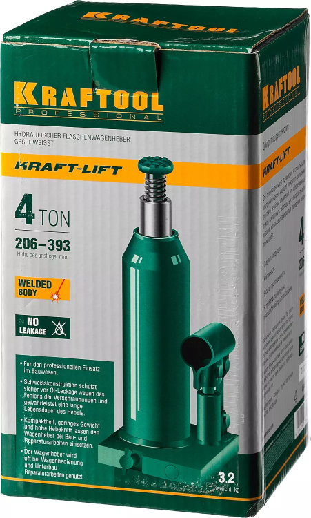 Домкрат гидравлический бутылочный "Kraft-Lift", сварной, 4т, 206-393мм, KRAFTOOL 43462-4 43462-4_z01 купить в Ижевске