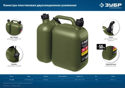 ЗУБР 5 + 2.5 л, пластиковая усиленная двухсекционная канистра, Профессионал (38367-7.5) купить в Ижевске
