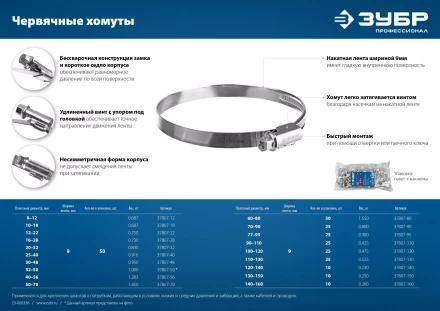 ЗУБР Х-9Н, 32 - 50 мм, накатная лента 9 мм, цинк, 50 шт, червячный хомут (37807-50) купить в Ижевске