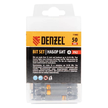 Бита PH2х50, сталь легированная S2, 30 шт., шестигранный профиль, пластиковая коробка, Е 6,3 Denzel 11682 купить в Ижевске