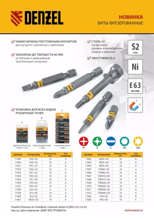 Бита PH2х50, сталь легированная S2, 30 шт., шестигранный профиль, пластиковая коробка, Е 6,3 Denzel 11682 купить в Ижевске