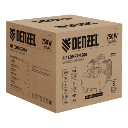 Компрессор Denzel DLS750/6 58019 безмасляный малошумный 750 Вт, 140 л/мин,ресивер 6 л купить в Ижевске