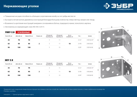 ЗУБР НКУ-2.0, 65 x 90 x 90 x 2 мм, нержавеющий крепежный уголок, Профессионал (310526-65) купить в Ижевске