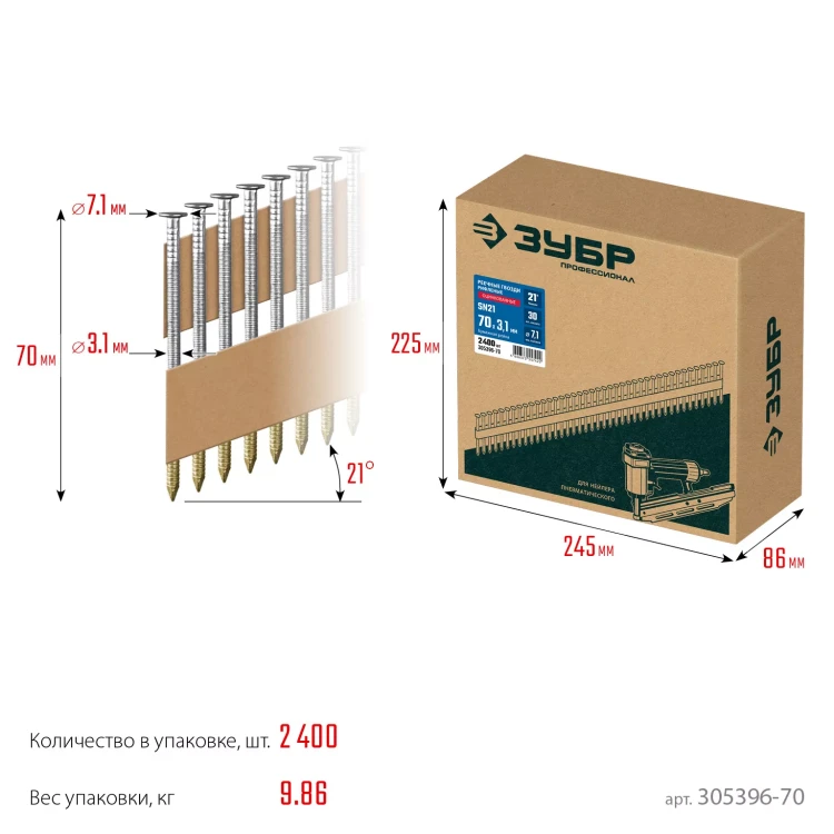ЗУБР SN21 70 х 3.1 мм, реечные гвозди рифленые оцинкованные, 2400 шт (305396-70) купить в Ижевске