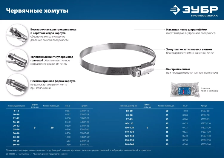 ЗУБР Х-9Н, 60 - 80 мм, накатная лента 9 мм, цинк, 50 шт, червячный хомут (37807-80) купить в Ижевске