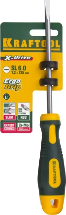 Отвертка KRAFTOOL, Cr-Mo-V сталь, двухкомпонентная противоскользящая рукоятка, SL, 6,0x125мм 250071-6.5-125 купить в Ижевске