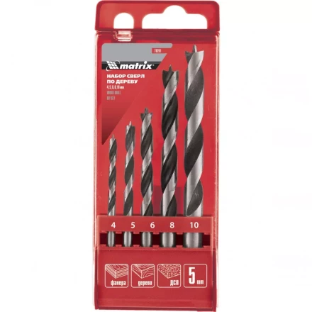 Набор сверл по дереву 4-5-6-8-10мм  цилиндрический хвостовик пластиковый кейс MATRIX 70281 купить в Ижевске