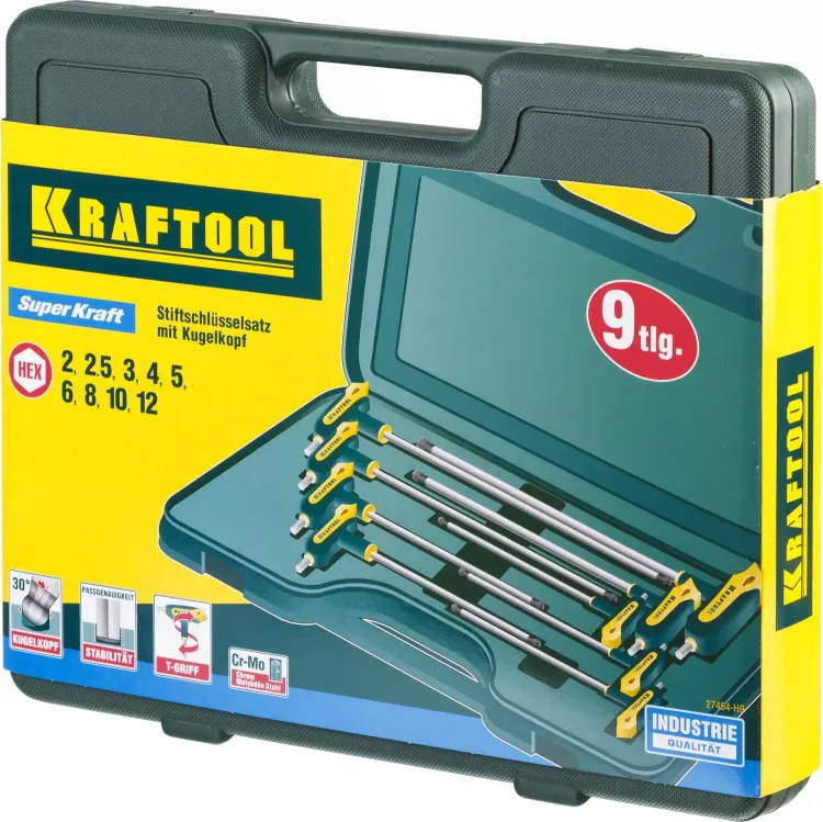 Набор KRAFTOOL Ключи "INDUSTRIE" имбусовые,Cr-Mo(S2),Т-образные, эргоном двухкомп рукоятка,HEX,с шариком,9 шт,в боксе 27454-H9 купить в Ижевске