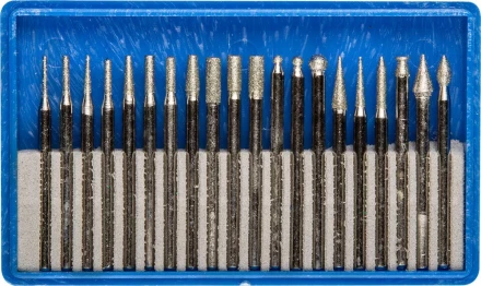 Набор ЗУБР: Мини-насадки с алмазным напылением в пластиковом боксе, P=180, хвостовик d=3мм, 20 предметов 33383-H20 купить в Ижевске