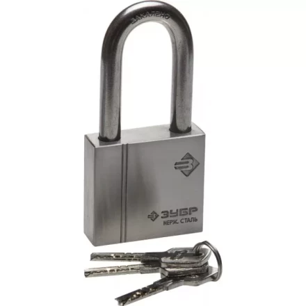 Замок ЗУБР &quot;ЭКСПЕРТ&quot; навесной, нержавеющая сталь (корпус и дужка), удлиненная закаленная дужка, 60мм 37290-60-1 купить в Ижевске