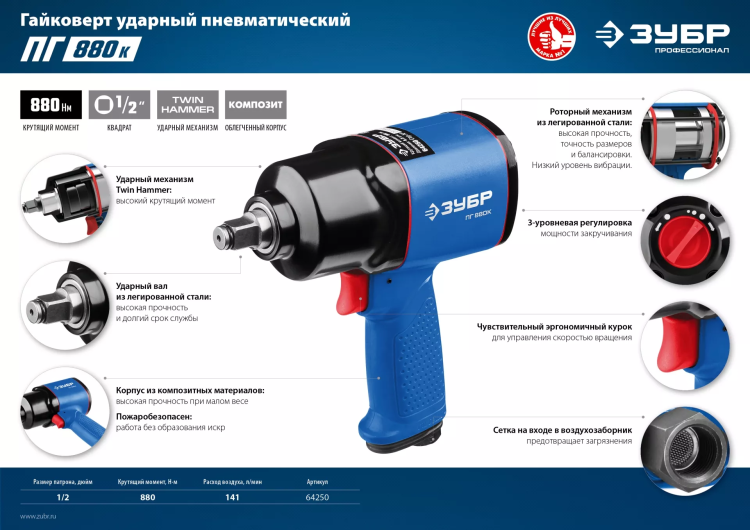 Ударный пневмогайковерт ПГ-880к 64250 серия ПРОФЕССИОНАЛ купить в Ижевске