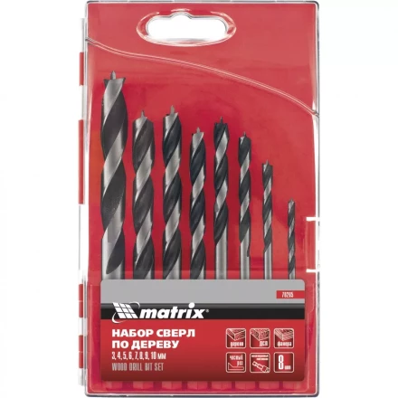 Набор сверл по дереву  3-4-5-6-7-8-9-10мм 6-гранный хвостовик  пластиковый кейс MATRIX 70285 купить в Ижевске