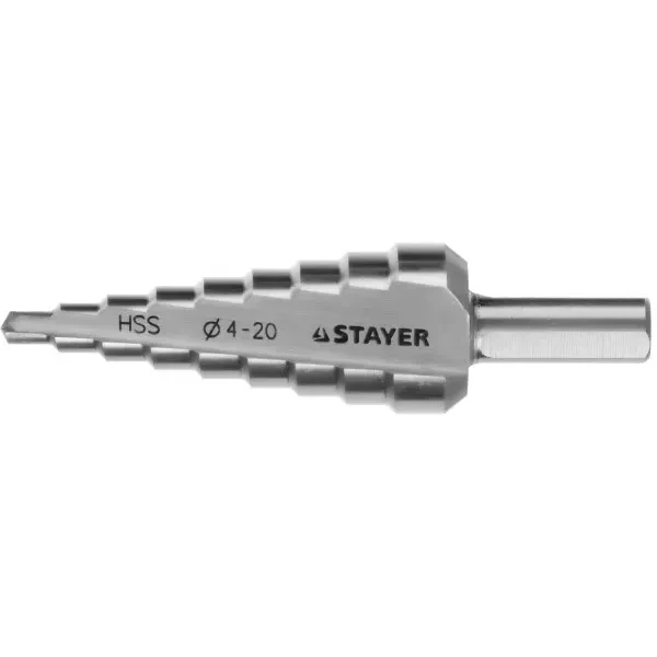 Сверло STAYER "MASTER" ступенчатое по сталям и цвет.мет., сталь HSS, d=4-20мм, 9ступ.d 4-20, L-75 мм,трехгран. хвост. 8мм 29660-4-20-9 купить в Ижевске