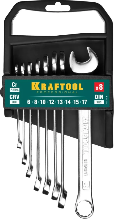 Наборы ключей комбинированных KRAFTOOL, Cr-V, DIN 3110, на пластиковой подвеске 27079-H8C купить в Ижевске