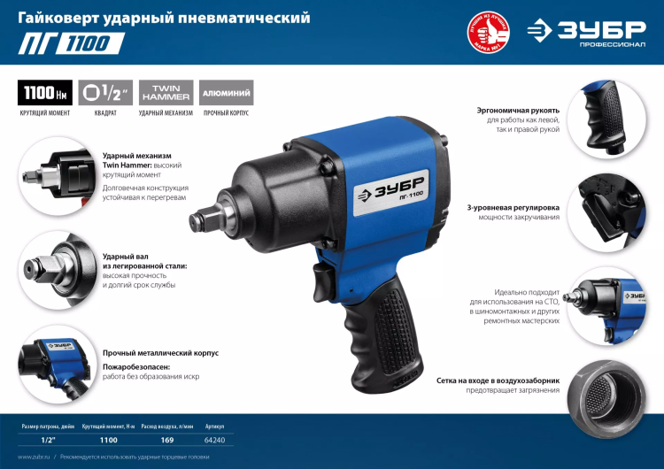 ЗУБР ПГ-1100, 1/2, 1100 Н·м, ударный пневматический гайковерт, Профессионал (64240) купить в Ижевске