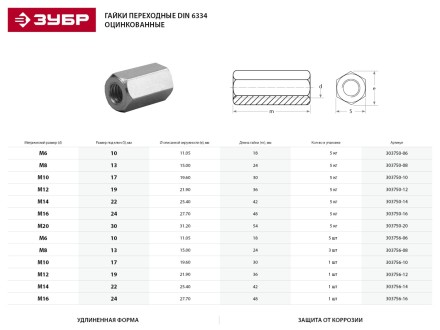 Гайка ЗУБР &quot;МАСТЕР&quot; переходная, DIN 6334, оцинкованная, M12, 5кг 303750-12 купить в Ижевске