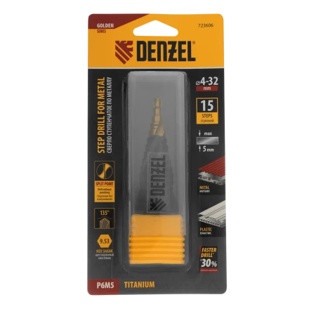 Сверло ступенчатое Denzel 723606, 4-6-8-10-12-14-16-18-20-22-24-26-28-30-32 мм, Р6М5, 6-гр. хвостовик купить в Ижевске