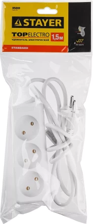 Удлинитель &quot;TOPELECTRO&quot; электрический, ПВС 2х1мм2, 3 гнезда, 3500 Вт, 1.5м, STAYER 55030-1.5 купить в Ижевске