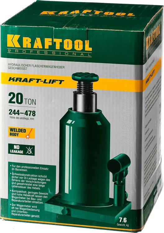 Домкрат гидравлический бутылочный "Kraft-Lift", сварной, 20т, 244-478мм, KRAFTOOL 43462-20 43462-20_z01 купить в Ижевске