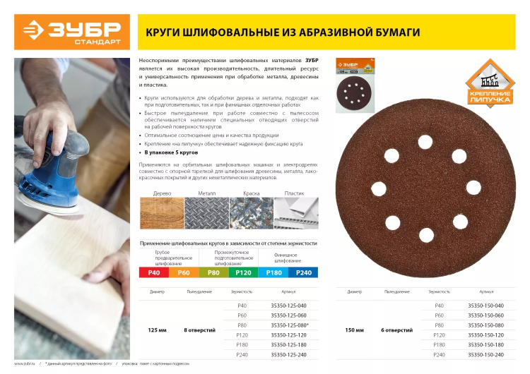 Круг шлифовальный ЗУБР "СТАНДАРТ" из абразивной бумаги на велкро основе, 6 отв., Р80, 150мм, 5шт 35350-150-080 купить в Ижевске