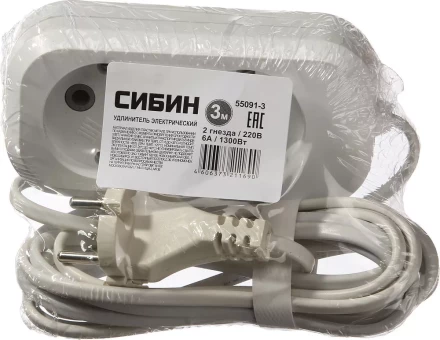 Удлинитель СИБИН электрический, ШВВП сечение 0,75кв мм, 2 гнезда, макс мощн 1300Вт, 3м 55091-3 купить в Ижевске