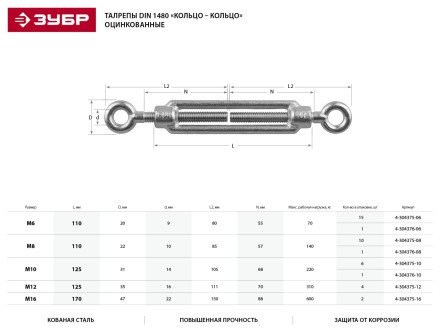 Талреп ЗУБР &quot;ПРОФЕССИОНАЛ&quot; DIN 1480, кольцо-кольцо, оцинкованный, кованая натяжная муфта, М8, 10 шт 4-304375-08 купить в Ижевске