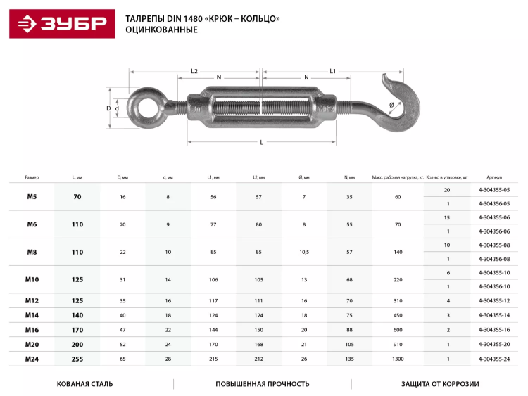 Талреп ЗУБР "ПРОФЕССИОНАЛ"  DIN 1480, крюк-кольцо, оцинкованный, кованая натяжная муфта, М14, 3 шт 4-304355-14 купить в Ижевске