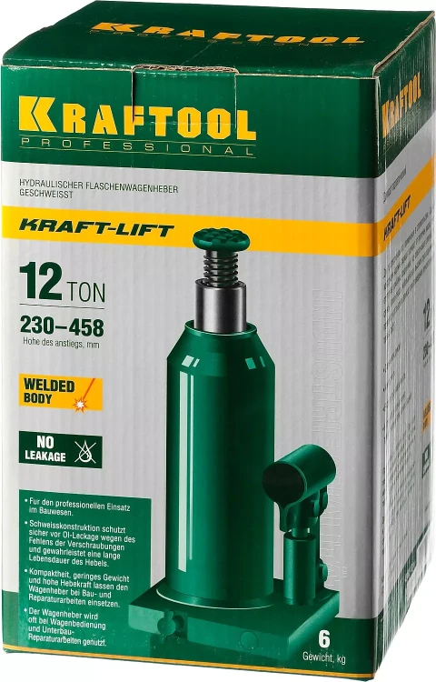 Домкрат гидравлический бутылочный "Kraft-Lift", сварной, 12т, 230-458мм, KRAFTOOL 43462-12 43462-12_z01 купить в Ижевске