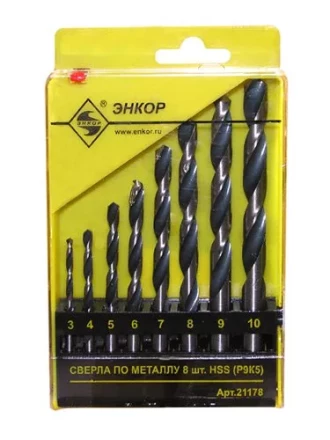 Набор сверл для металла HSS Ф3-10 мм 8 штук пластиковый футляр Энкор 21178 купить в Ижевске