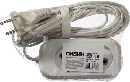 Удлинитель СИБИН электрический, ШВВП сечение 0,75кв мм, 2 гнезда, макс мощн 1300Вт, 5м 55091-5 купить в Ижевске