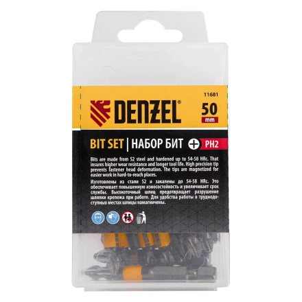 Бита PH2х25, сталь легированная S2, 20 шт., пластиковая коробка, , Е 6,3 Denzel 11681 купить в Ижевске