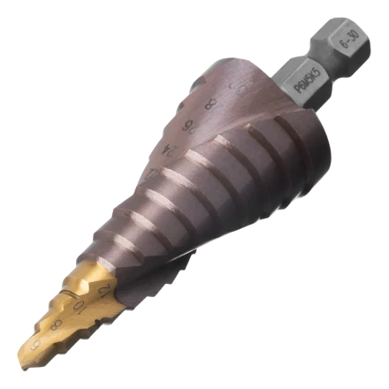 Сверло ступенчатое Denzel 723614, 6-8-10-12-14-16-18-20-22-24-26-28-30мм, Р6М5К5, 6-гр. хвостовик купить в Ижевске