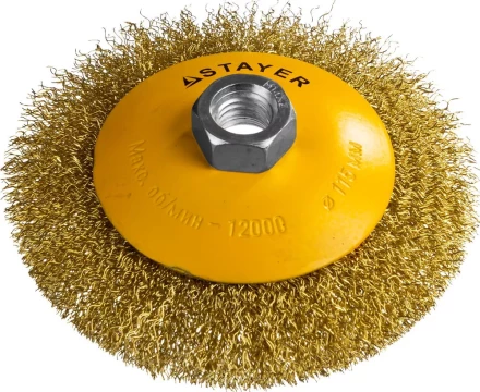 STAYER &quot;PROFESSIONAL&quot;. Щетка коническая для УШМ, витая стальная латунированная проволока 0,3мм, 115ммхМ14 35133-115 купить в Ижевске