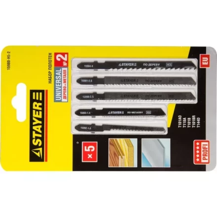 Набор STAYER &quot;PROFI&quot; Пилки &quot;УНИВЕРСАЛ №2&quot; для эл/лобзика, по дереву и металлу, EU-хвост., 5шт 15980-H5-2 купить в Ижевске