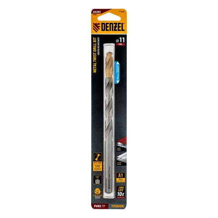 Сверло спиральное по металлу Denzel, 11 х 195 мм, Р6М5, Golden Tip, удлиненное 718264 купить в Ижевске