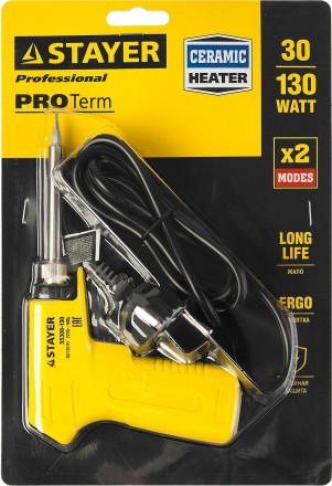Паяльник с пистолетной пластмассовой рукояткой, STAYER &quot;PROFI&quot; PROTerm, 55308-130, 30 - 130 Вт, с керамическим нагревательным элементом 55308-130 купить в Ижевске