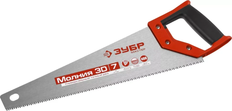 Ножовка универсальная (пила) ЗУБР МОЛНИЯ-3D 400 мм, 7TPI, 3D зуб, точный рез вдоль и поперек волокон, для средних заготовок из всех видов материалов 15077-40 купить в Ижевске