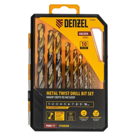 Набор сверл по металлу Denzel 723001, 1-10 мм, Р6М5-TiN, Golden Tip, 10 шт купить в Ижевске