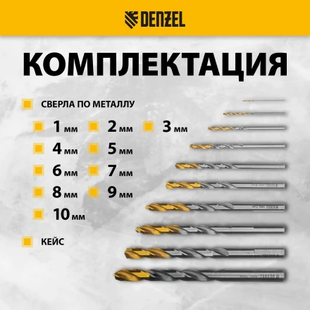 Набор сверл по металлу Denzel 723001, 1-10 мм, Р6М5-TiN, Golden Tip, 10 шт купить в Ижевске