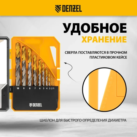 Набор сверл по металлу Denzel 723001, 1-10 мм, Р6М5-TiN, Golden Tip, 10 шт купить в Ижевске