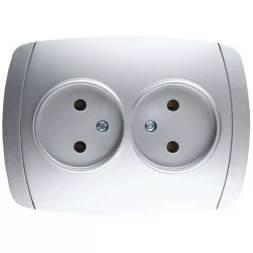 Розетка СВЕТОЗАР "АКЦЕНТ" двойная в сборе, без заземления, цвет серебристый металлик, 16А/~250В SV-54202-SM