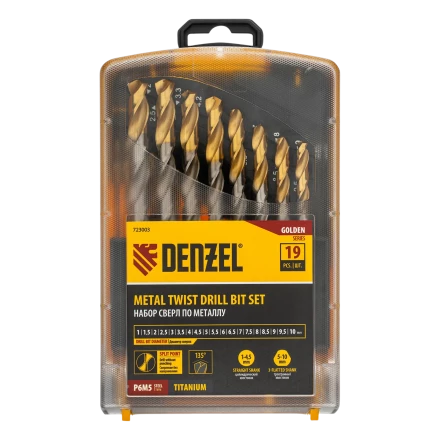 Набор сверл по металлу Denzel 723003, 1-10 мм, Р6М5-TiN, Golden Tip, 19 шт купить в Ижевске
