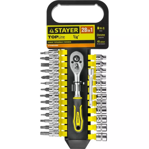 Набор STAYER "STANDARD": Торцовые головки, биты-головки (1/4") на пластик рельсе, трещотка, удл-тель, 4-13мм, 28 пр. 27754-H28 купить в Ижевске
