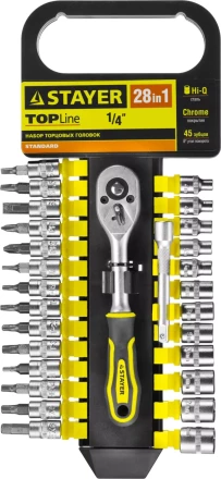 Набор STAYER &quot;STANDARD&quot;: Торцовые головки, биты-головки (1/4&quot;) на пластик рельсе, трещотка, удл-тель, 4-13мм, 28 пр. 27754-H28 купить в Ижевске