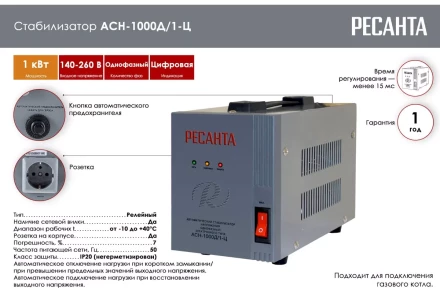 Стабилизатор напряжения Ресанта АСН-1000Д/1-Ц 63/6/38 купить в Ижевске