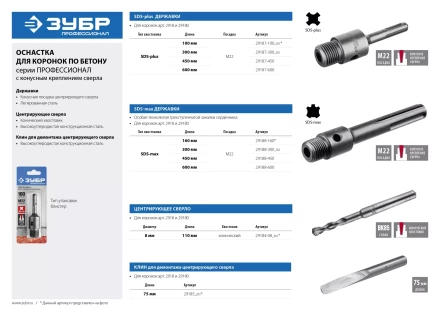Державка ЗУБР для бур коронки с хвостовиком SDS Plus, конусное крепление центров сверла, L 450мм, резьба М22 29187-450 купить в Ижевске