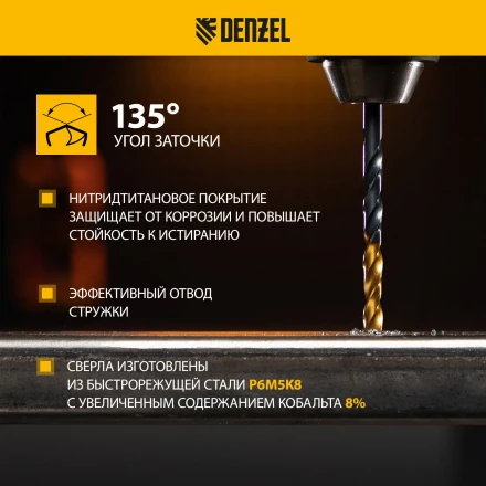 Набор сверл по металлу Denzel, 1-10 мм, Р6М5К8-TiN, Golden Tip, 10 шт 723005 купить в Ижевске