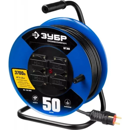 Удлинитель на катушке &quot;КГ 315&quot;, 50 м, 3700 Вт, 4 гнезда, IP44, КГ 3х1,5 кв мм, ЗУБР 55080-50 купить в Ижевске